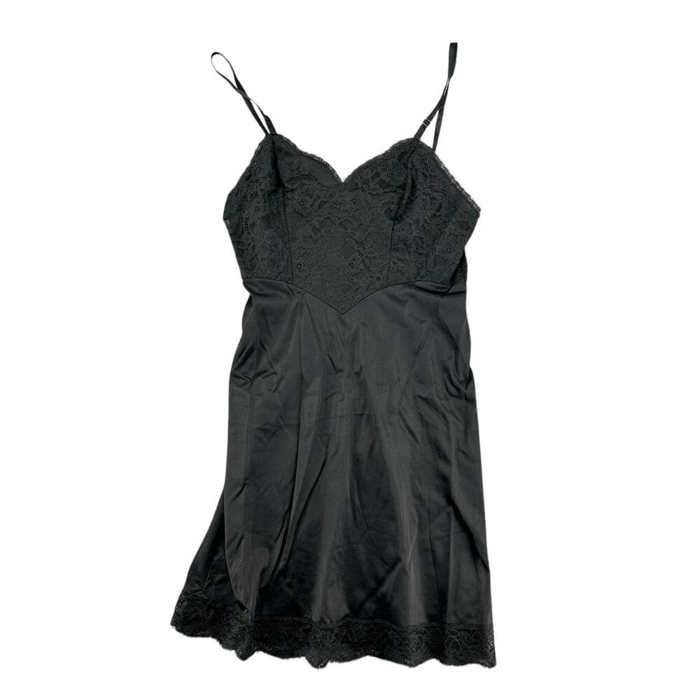 Vintage Vanity Fair 1960s Black Art Deco Lace Nylon Slip Nightgown Small